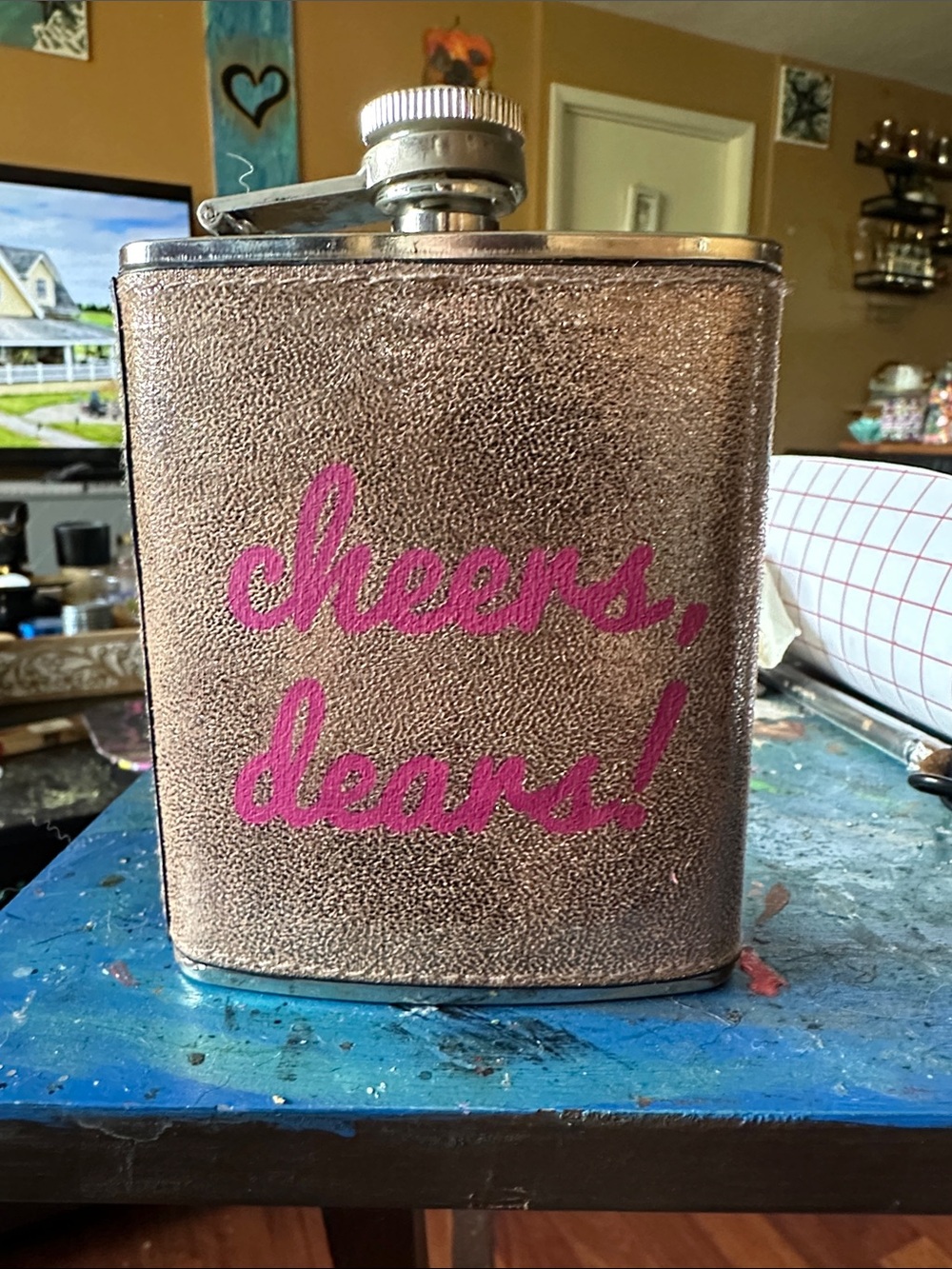 Neiman Marcus Brown Leatherette Flask with Pink Script
